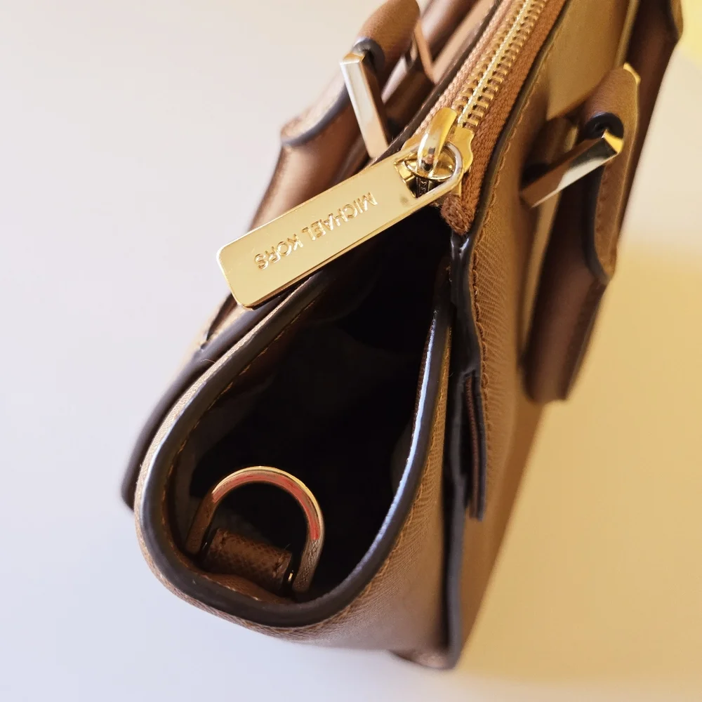 Michael Kors MK Classic Logo Hudson Saffiano Leather Handbag Satchel Brown Gold